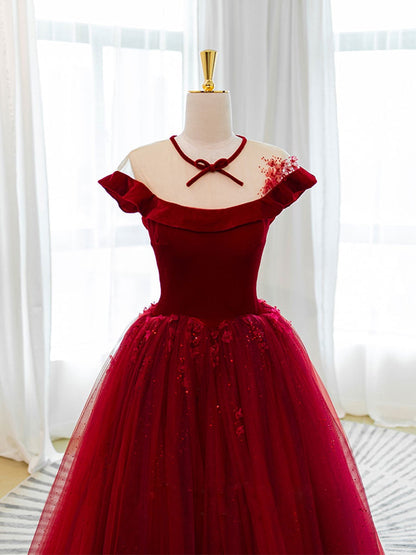 Vestido de fiesta largo de tul burdeos con encaje, vestido de noche de tul burdeos
