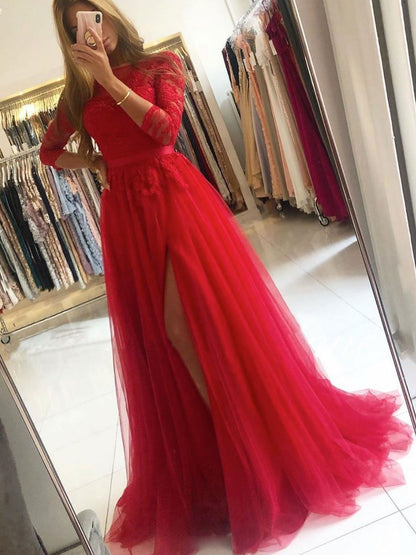 Vestido de fiesta largo de tul con cuello redondo negro y encaje, vestido de noche negro