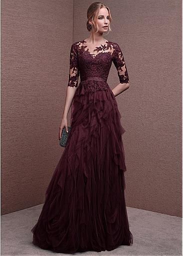 Gray purple elegant long sleeve lace long tulle ball gown evening dress 7648