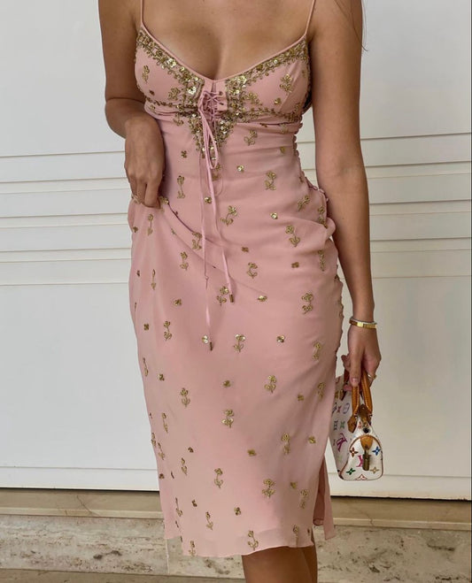 Pink Sheath Spaghetti Straps Sequin Beaded Chiffon Homecoming Dress Cocktail Dress Outfits SH3913