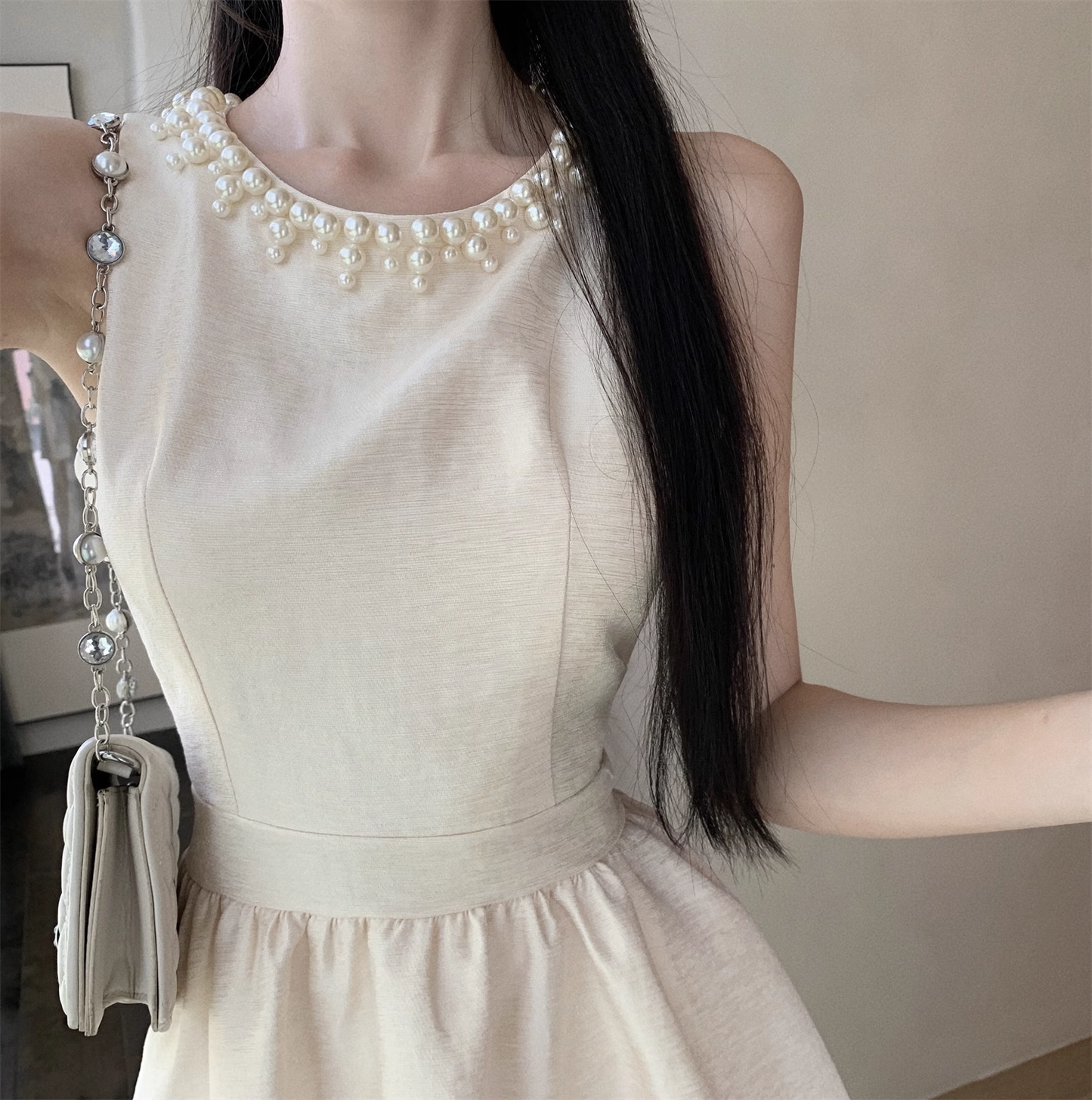 Fashion Beige Sleeveless Pearl Beading Design A-line Homecoming Dress TP3693