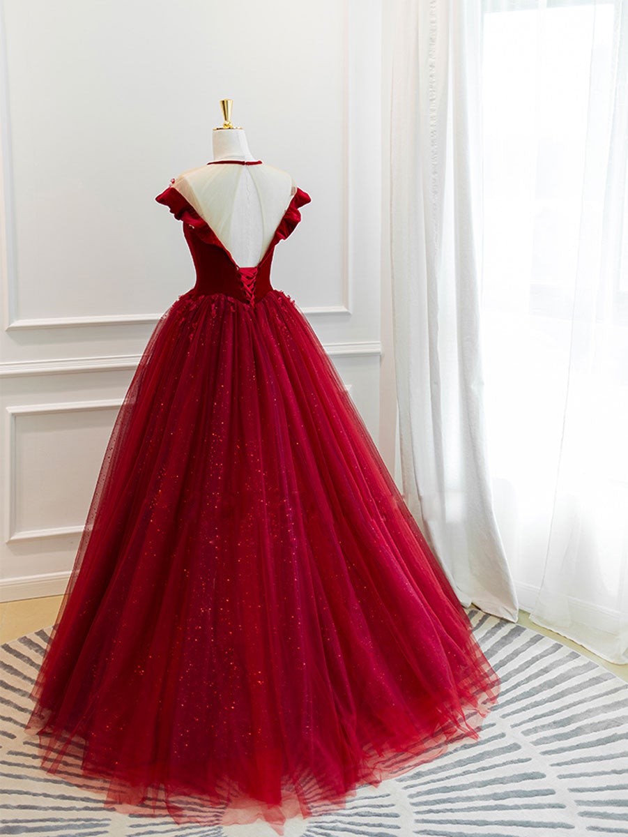 Vestido de fiesta largo de tul burdeos con encaje, vestido de noche de tul burdeos