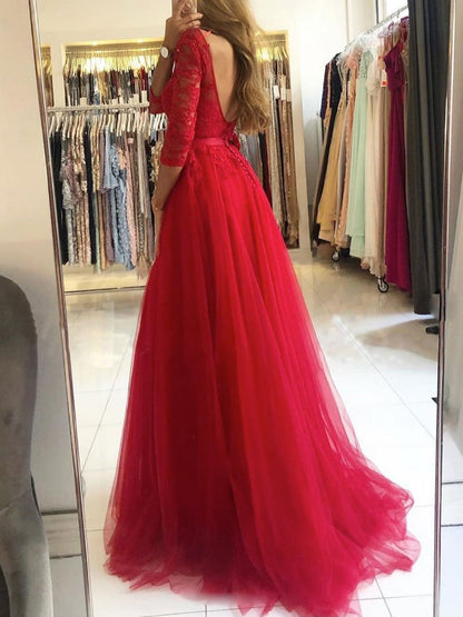 Vestido de fiesta largo de tul con cuello redondo negro y encaje, vestido de noche negro