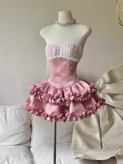 Bonito vestido de fiesta rosa sin tirantes, corto, formal, para el regreso a casa, elegante, corto, para cóctel, para cumpleaños número 16, DH2759