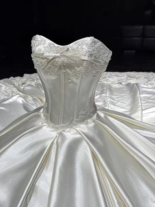 Vestido de novia elegante y clásico, sin tirantes, de satén y encaje, largo, DH748