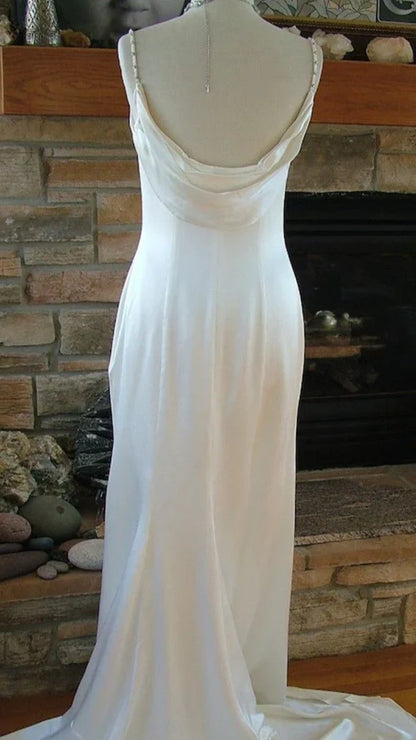 Pure white gorgeous exquisite elegant spaghetti straps long satin floor-length trailing prom dress evening dress wedding dress gh3633