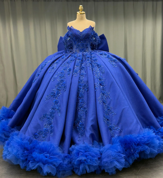 Royal Blue Ball Gown Off the Shoulder Beaded 3D Flowers Sweet 16 Dress Girls Party Gowns vestidos de quinceañera SH3266