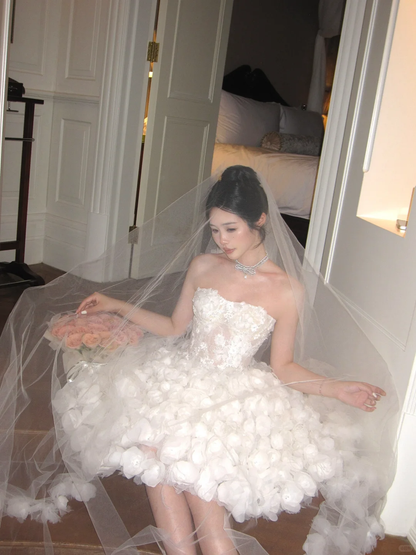 Exquisite 3D Floral A Line Strapless White Tulle Short Cocktail Dress Homecoming Dress SH3403