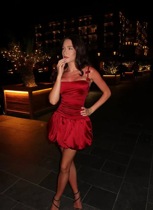 Vintage Burgundy Satin Spaghetti Strap Short A-Line Party Dress Cocktail Dress Homecoming Dress TP4435