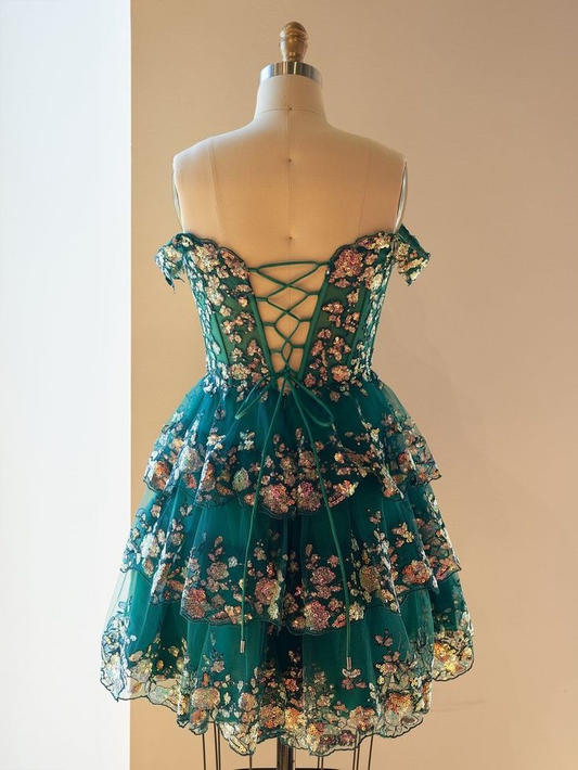 Unique Green A-Line Sweetheart Tulle Sequin Tiered Short Homecoming Dress Cocktail Dress S439