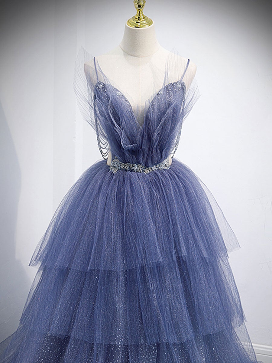 Vestido de fiesta largo de tul con lentejuelas y escote en V azul, vestido de noche azul