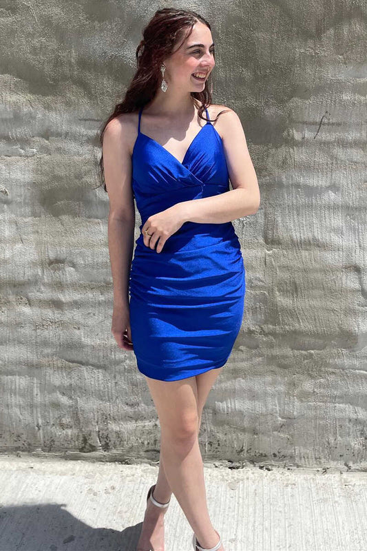 Vestido de fiesta corto fruncido con sobrepelliz azul real, vestido de seda Hoco