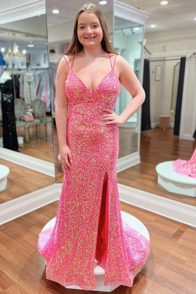 Impresionante vestido de noche largo estilo sirena con escote en V y lentejuelas rosas, con abertura en la pierna.