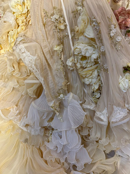 Yellow floral beaded long tulle ball gown evening gown adult gown wedding dress gh4572