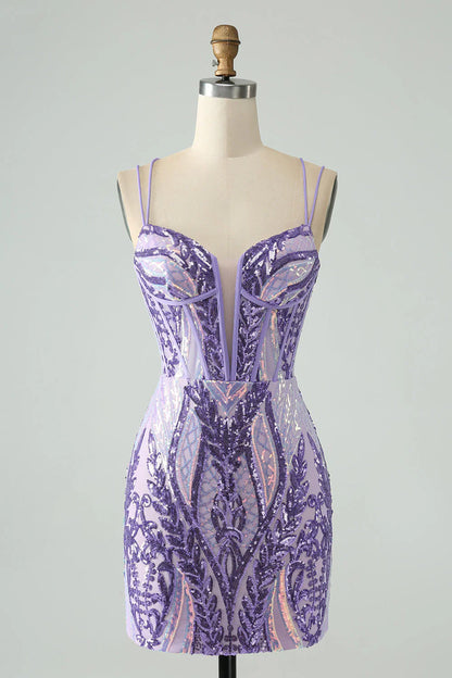 Gorgeous Purple Sequined Design A-line Bodycon Spaghetti Strap Homecoming Dress TP3637