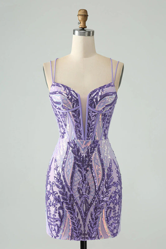 Hermoso vestido de fiesta ajustado con tirantes finos y diseño de lentejuelas moradas TP3637