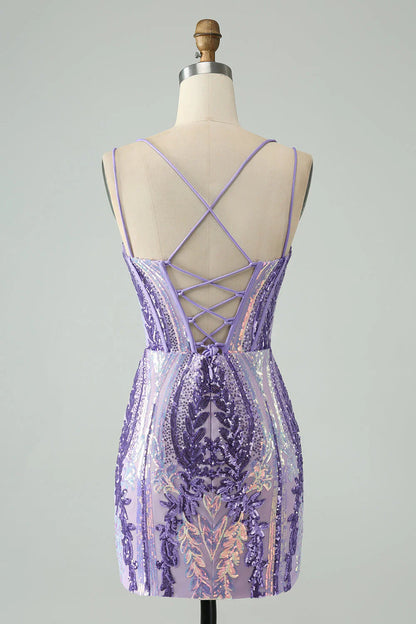 Gorgeous Purple Sequined Design A-line Bodycon Spaghetti Strap Homecoming Dress TP3637