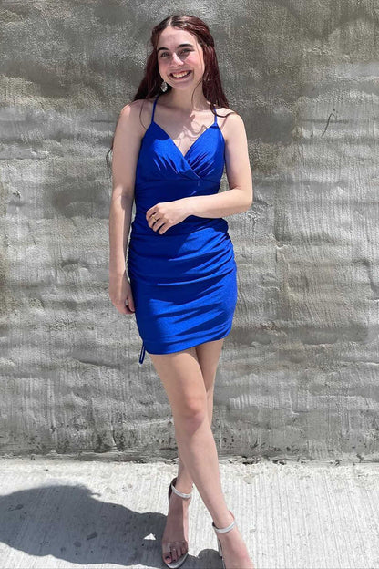 Vestido de fiesta corto fruncido con sobrepelliz azul real, vestido de seda Hoco