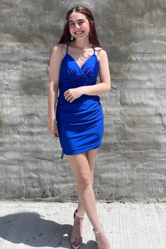Vestido de fiesta corto fruncido con sobrepelliz azul real, vestido de seda Hoco