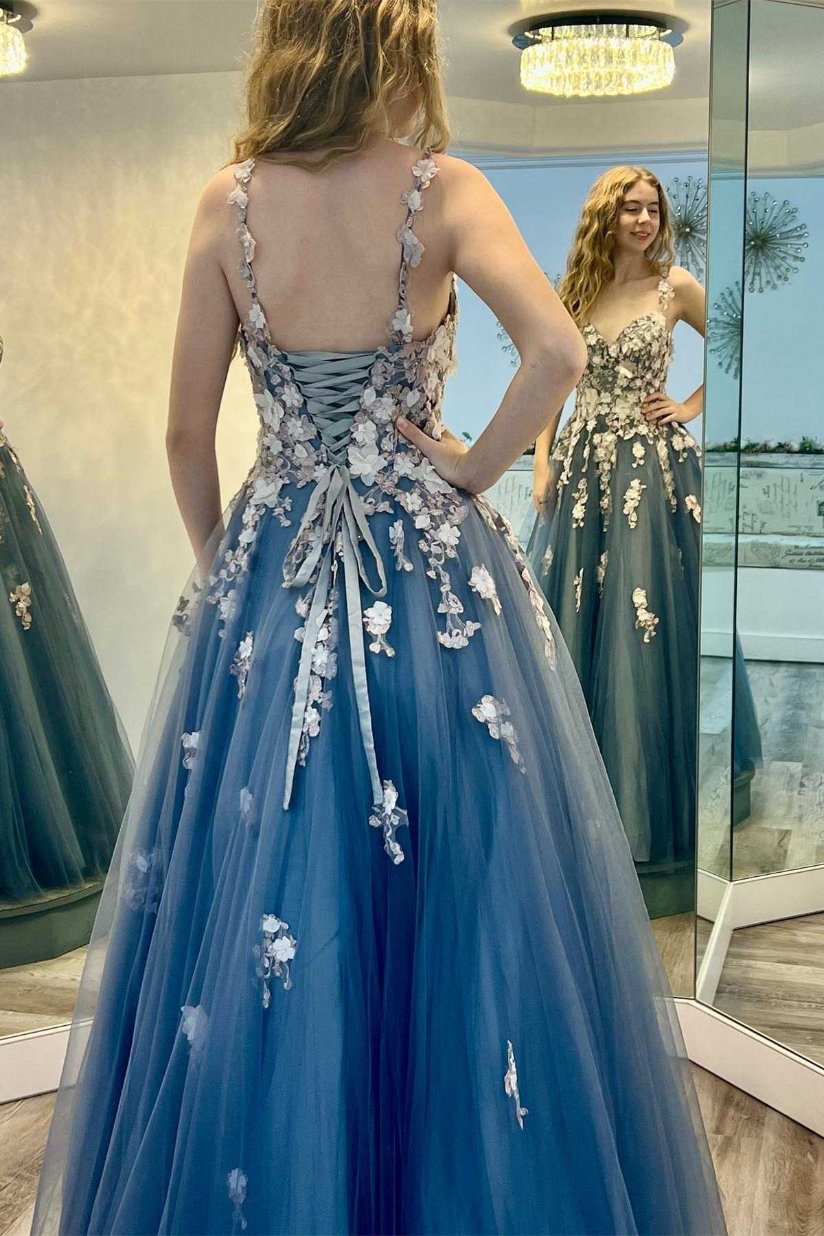 Vestido de fiesta de cumpleaños con escote en V, espalda con cordones y encaje floral 3D