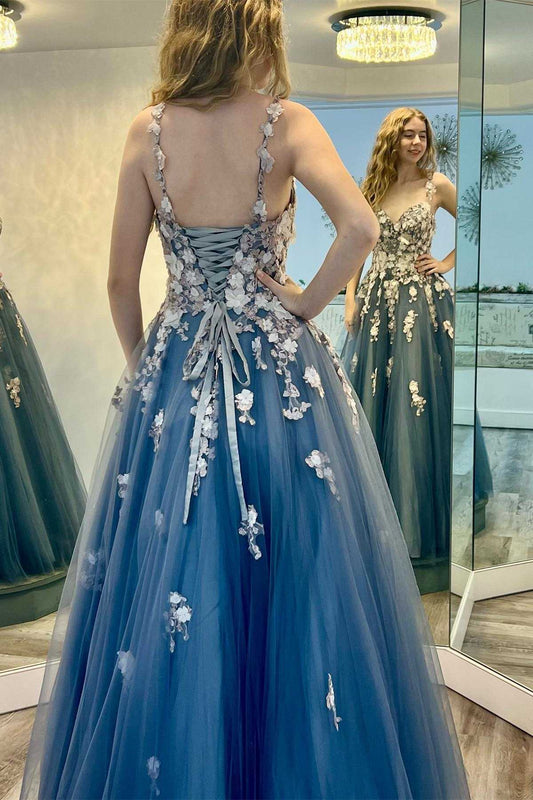 Vestido de fiesta de cumpleaños con escote en V, espalda con cordones y encaje floral 3D