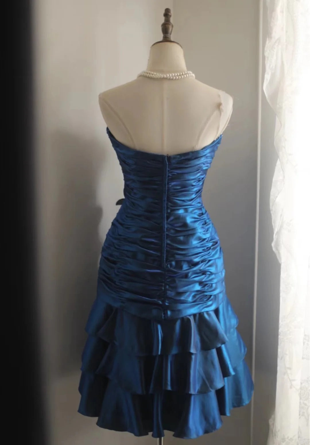 Retro Blue Beading Design A-line Satin Strapless Sweetheart Tiered Party Dresses Homecoming Dresses, TP3806