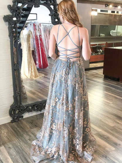 Vestido de fiesta largo de tul con escote en V azul grisáceo y encaje, vestido de noche de encaje