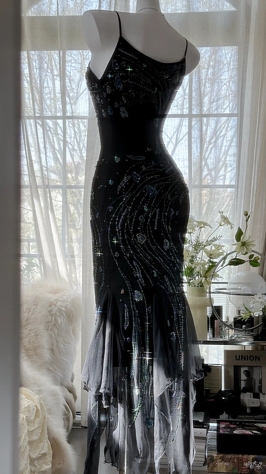 Black Shiny Luxury Gorgeous Exquisite Beaded Long Mermaid Mermaid Dress Chiffon Fairy Ball Dress Evening Dress Wedding Guest Party Dress Prom Dress Date Dress Graduation Dress gh3992