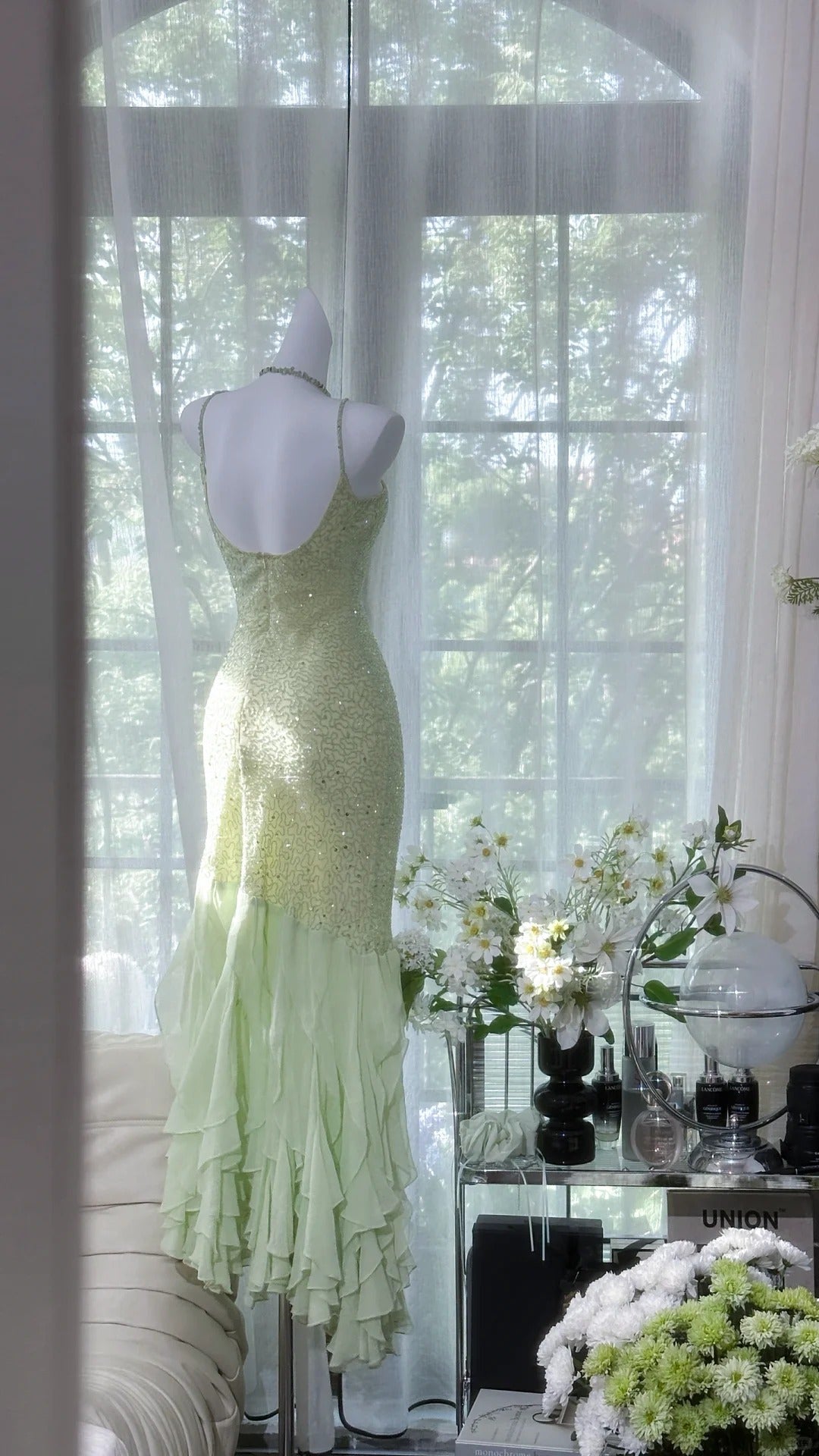 Green shiny ruffle long sequined ball gown evening dress party dress gh4319