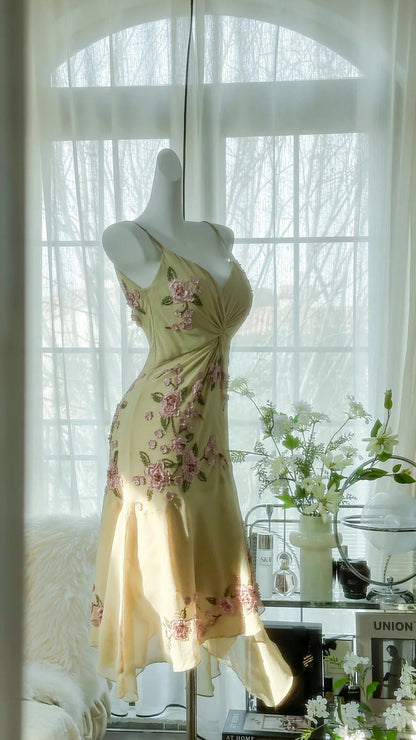 Yellow Elegant Romantic Delicate Pink Floral Beading Spaghetti Straps Midi/Short Chiffon Homecoming Ball Gown Evening Dress Birthday/Wedding Guest/Holiday Party Dress Prom Dress gh4023