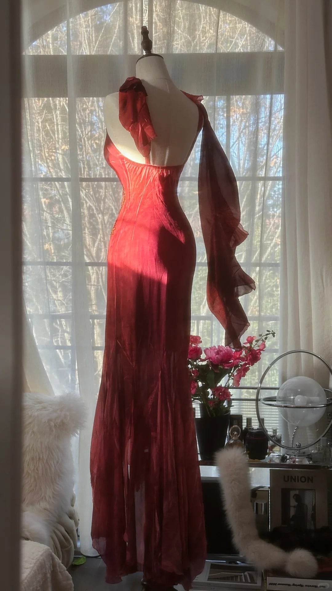 Red Romantic Fashion Elegant Exquisite Lotus Gold Beaded Long Chiffon Fishtail Skirt Mermaid Slim Ball Gown Evening Dress Birthday/Wedding Guest/Holiday Party Dress Prom Dress Valentine's Day Date Dress gh4029