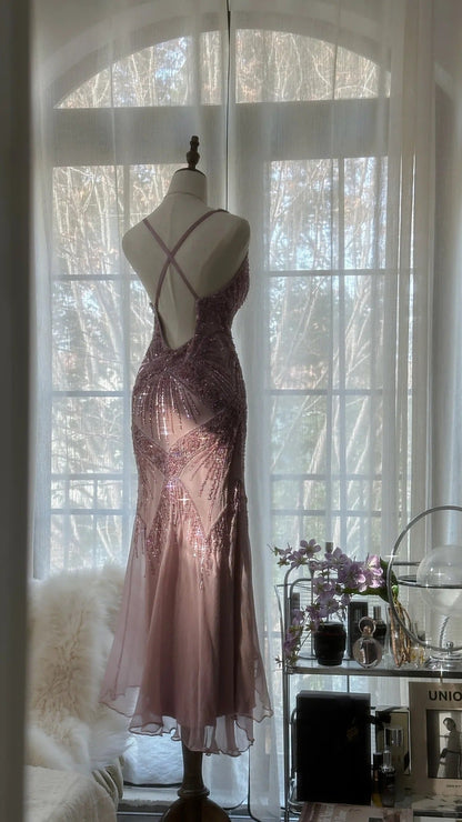 Pink Purple Romantic Fashion Elegant Exquisite Beaded Spaghetti Strap Long Tulle Chiffon Ruffle Ball Gown Evening Gown Party Dress gh4059