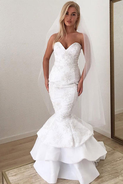 Vestido de novia largo con volantes, corte sirena, apliques de encaje blanco y escote en V moderno