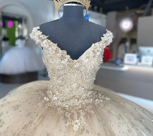 Elegante vestido de quinceañera color marfil con escote en V y apliques, corte A, para fiesta de cumpleaños, noche, baile, TP4527