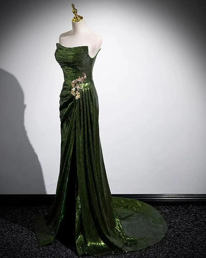 Green Sequins Mermaid Long Prom Dress with Leg Slit, Green Sequins Party Dress      cg25260