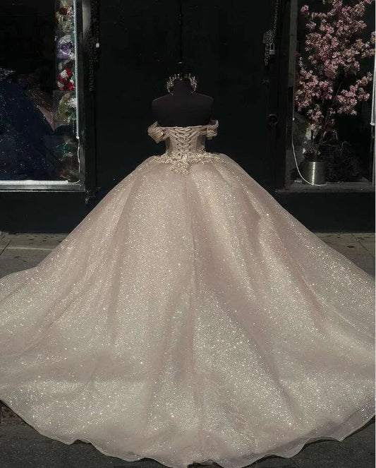 Elegante vestido de quinceañera de tul con hombros descubiertos, brillante, color champán, corte A, para fiesta de graduación, cumpleaños, noche, baile, TP4529