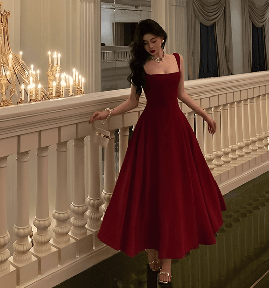 Unique Burgundy Midi Party Dress A-line Long Formal Dresses