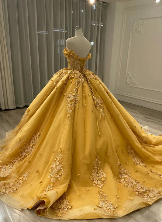 Hermoso vestido de quinceañera amarillo con apliques de corazón, hombros descubiertos y cuentas, corte A de tul hasta el suelo, para fiesta de graduación, cumpleaños, noche, baile, TP4548