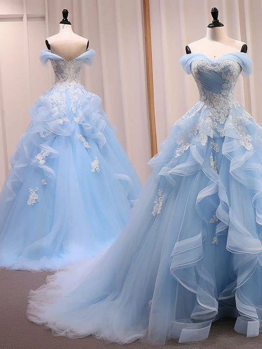 Elegante vestido de quinceañera azul con apliques de corazón, largo hasta el suelo, para fiesta de graduación, cumpleaños, noche, baile, TP4416