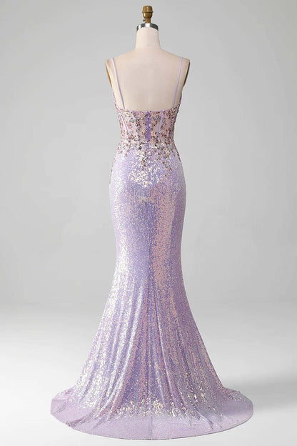 Women Spaghetti Straps Purple Prom Dress, Mermaid Evening Gown with Slit, Handmade Sparkle Party Dress, Custom Formal Evening Dress       fg5034
