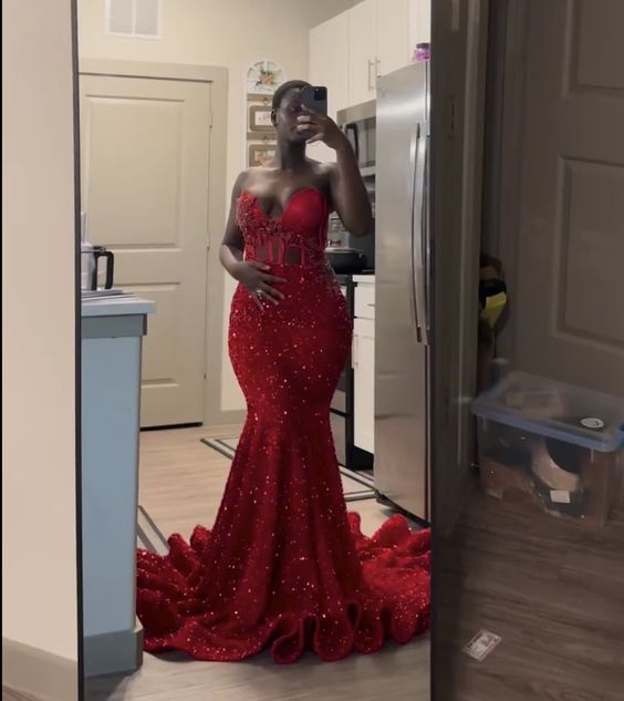 Vestidos de fiesta largos ajustados rojos, vestido formal con lentejuelas brillantes