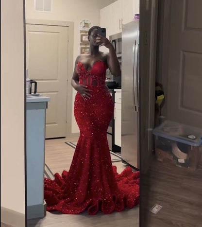 Vestidos de fiesta largos ajustados rojos, vestido formal con lentejuelas brillantes