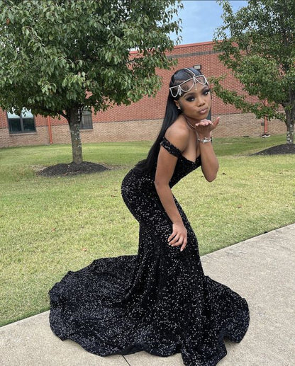 Vestido de fiesta de sirena con lentejuelas brillantes, vestido formal negro