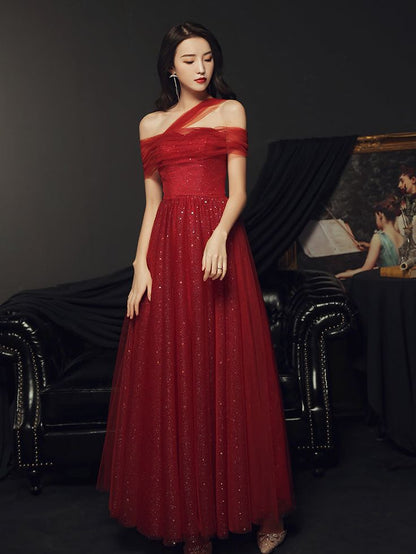Red Off Shoulder Tulle Long Party Dress, Red A-line Tulle Formal Dress Prom Dress     fg5208