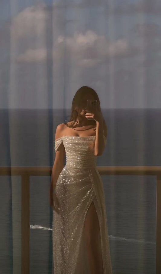 Off Shoulder Sequin Side Slit Long Evening Prom Dresses Wedding Dresses