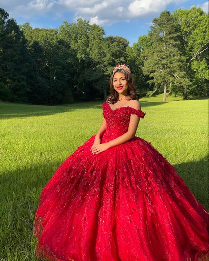 Red Prom Dress Ball Gown Quinceanera Dresses 3D Flowers Princess Corset Back Princess Prom Sweet 16 dress     fg1214