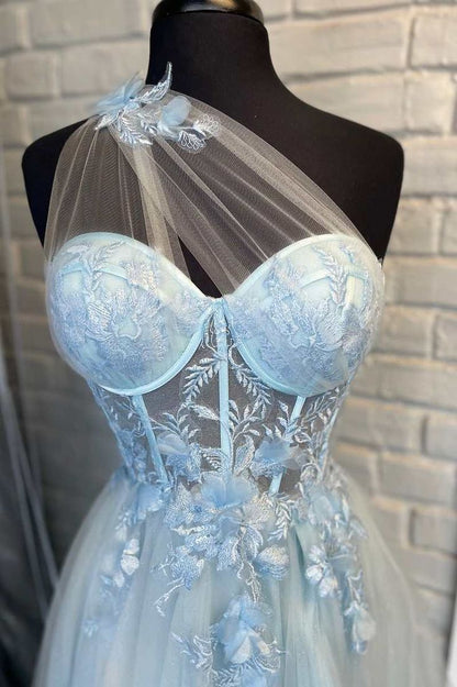 Sweetheart One Shoulder Blue Prom Dress with Flowers       fg4501