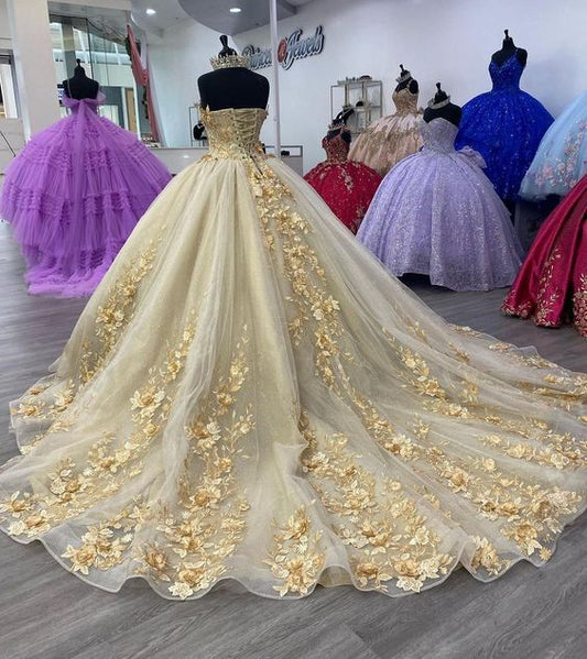 Hermoso vestido de quinceañera con apliques de corazón color champán, largo hasta el suelo, para fiesta de graduación, cumpleaños, noche, baile, TP4414