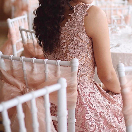 A-Line Pink Lace Tea Length Sleeveless Homecoming Dress     fg3563