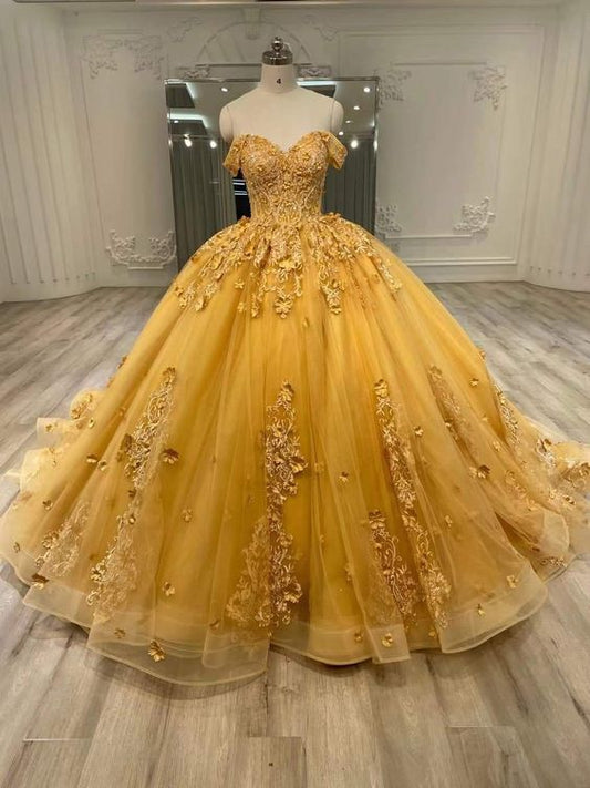 Hermoso vestido de quinceañera amarillo con apliques de corazón, hombros descubiertos y cuentas, corte A de tul hasta el suelo, para fiesta de graduación, cumpleaños, noche, baile, TP4548